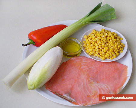 ingredienti Antipasto indivia belga con salmone e mais